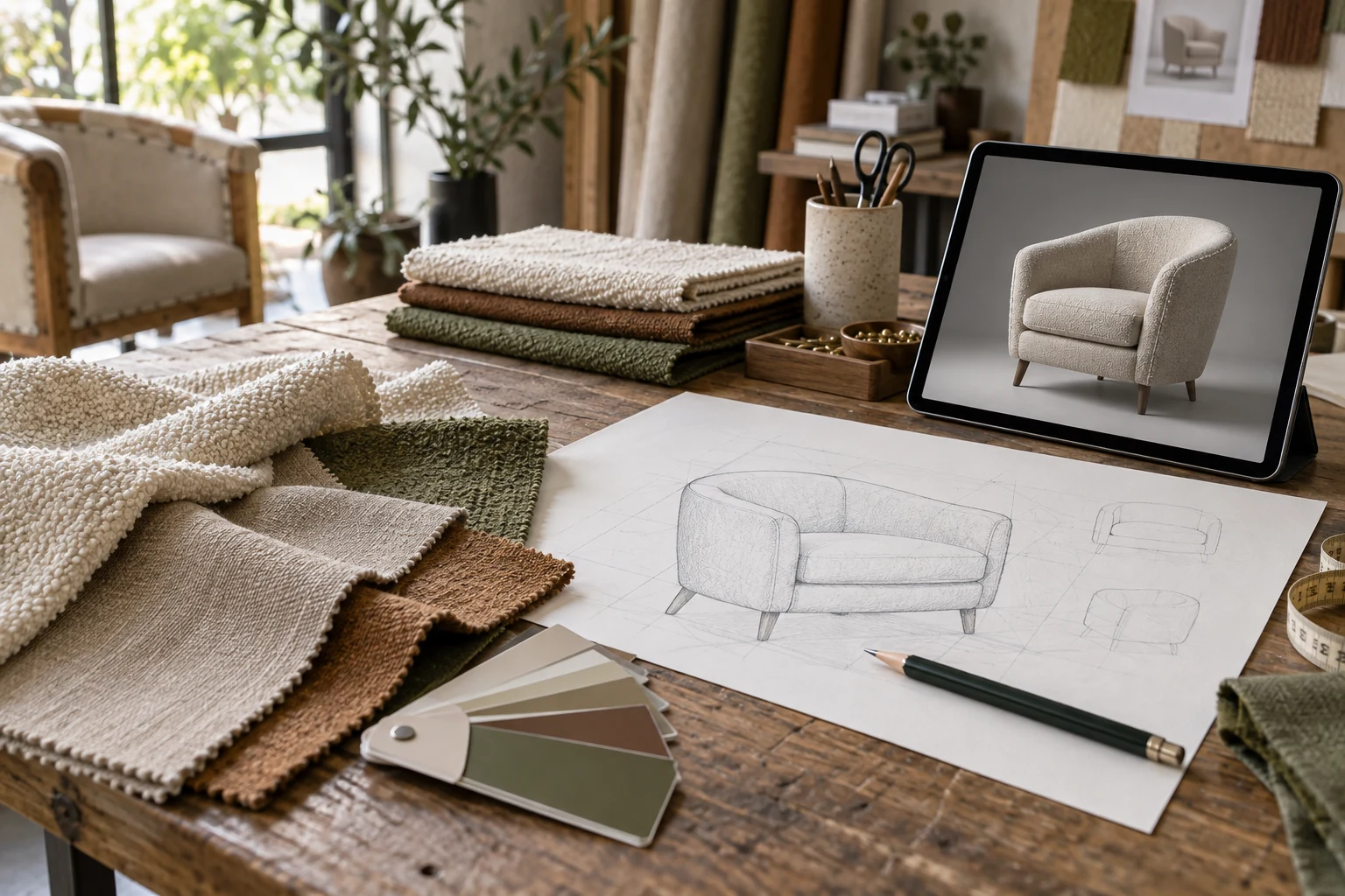 Amostras de tecido, croqui de poltrona e visualização em tablet sobre mesa de trabalho