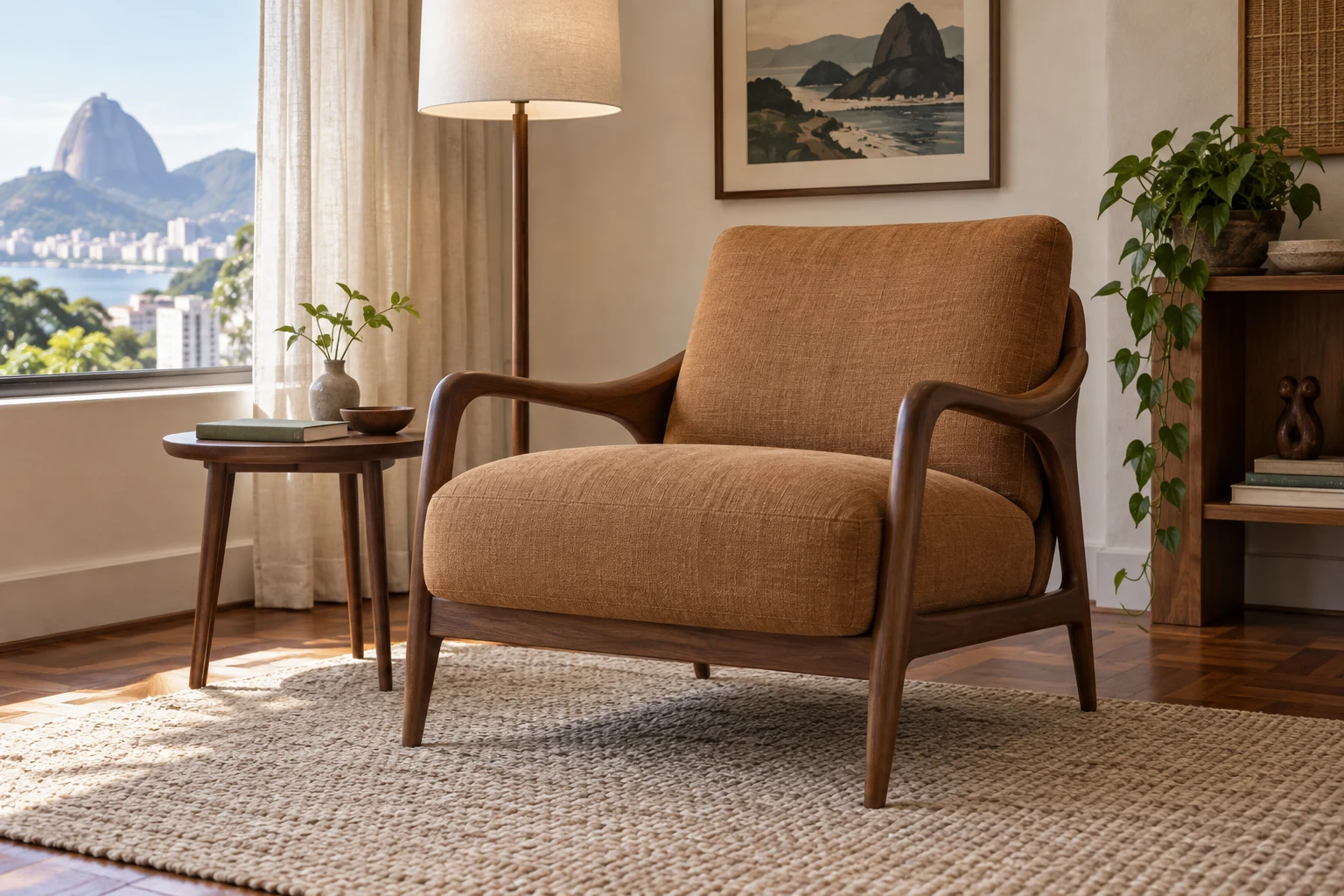Poltrona em canto de leitura, com luminária e mesa lateral