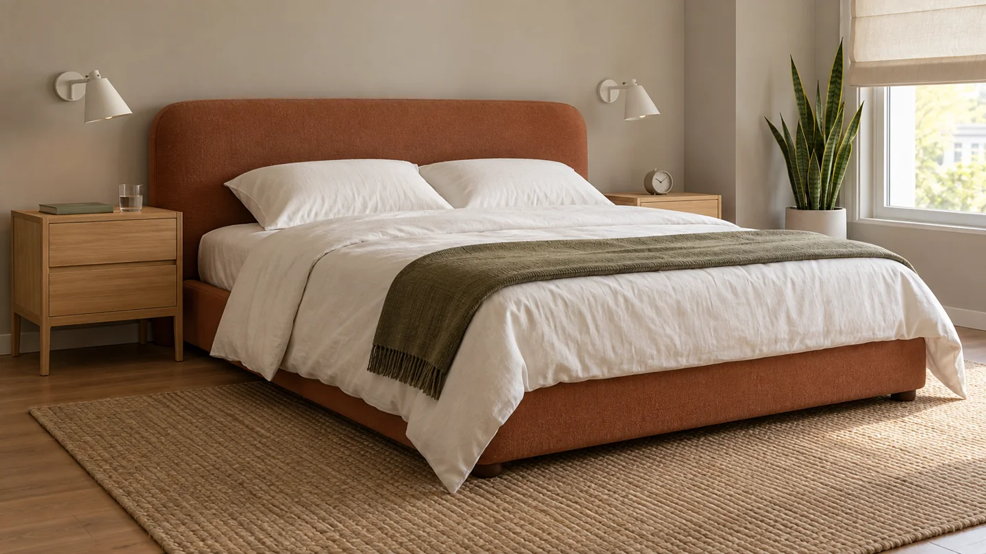 Cama com cabeceira terracota em quarto com luz natural — estudo criado pelo estúdio